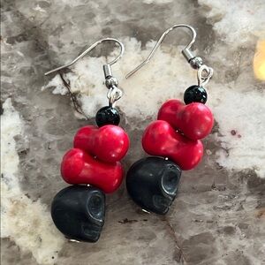 Red and Black Beaded Skull Earrings